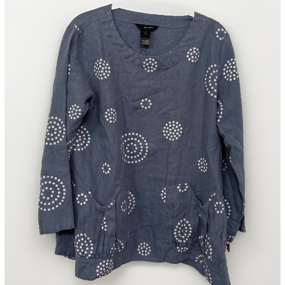 Ali Miles 100% Linen Polka Dot Tunic Top Pockets Sz M Blue Artsy Lagenlook Boho